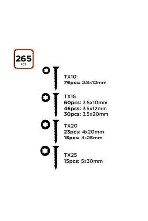 Varžtų komplektas Black & Decker Torx 265 Dalys