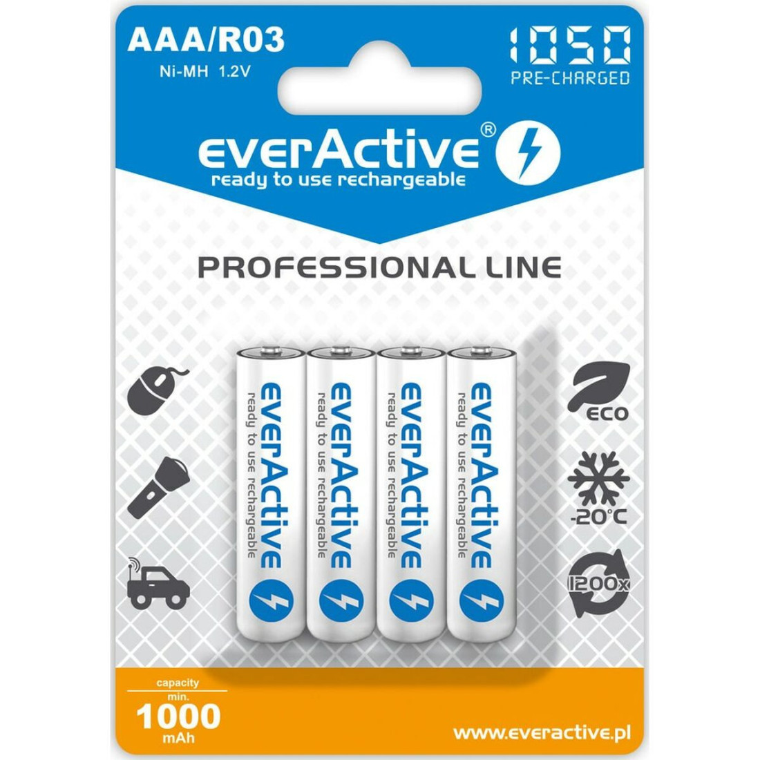 Įkraunamos baterijos EverActive EVHRL03-1050 1,2 V AAA