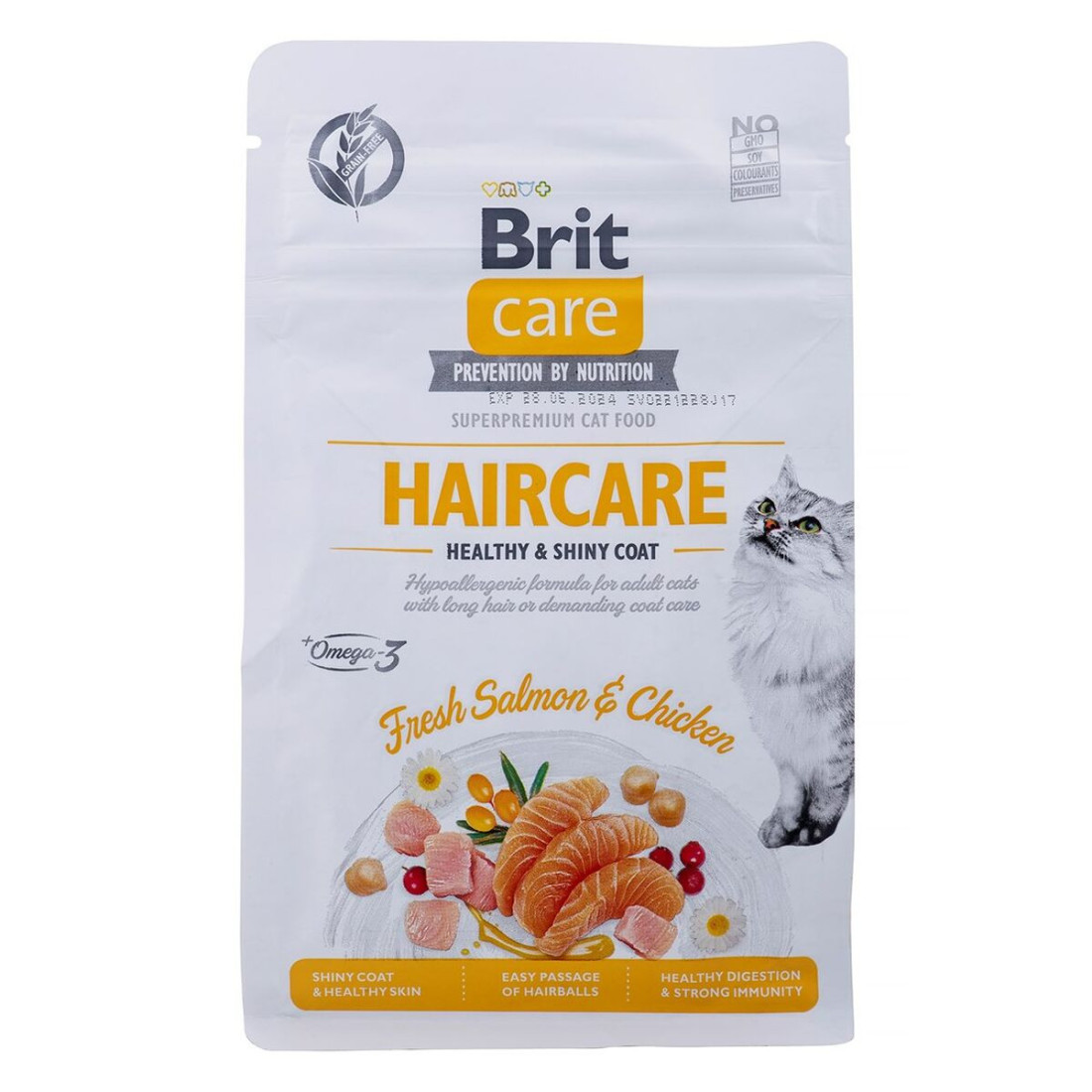 Kačių maistas Brit Care Grain Free Haircare Healthy & Shiny Coat Suaugęs Višta Lašišos raudonumo spalva 400 g