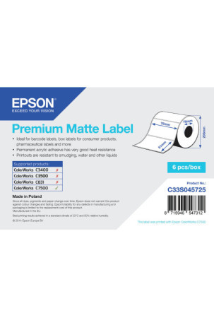 Etiketės spausdinimui Epson C33S045725 76 x 51 mm Balta (1 vnt.)