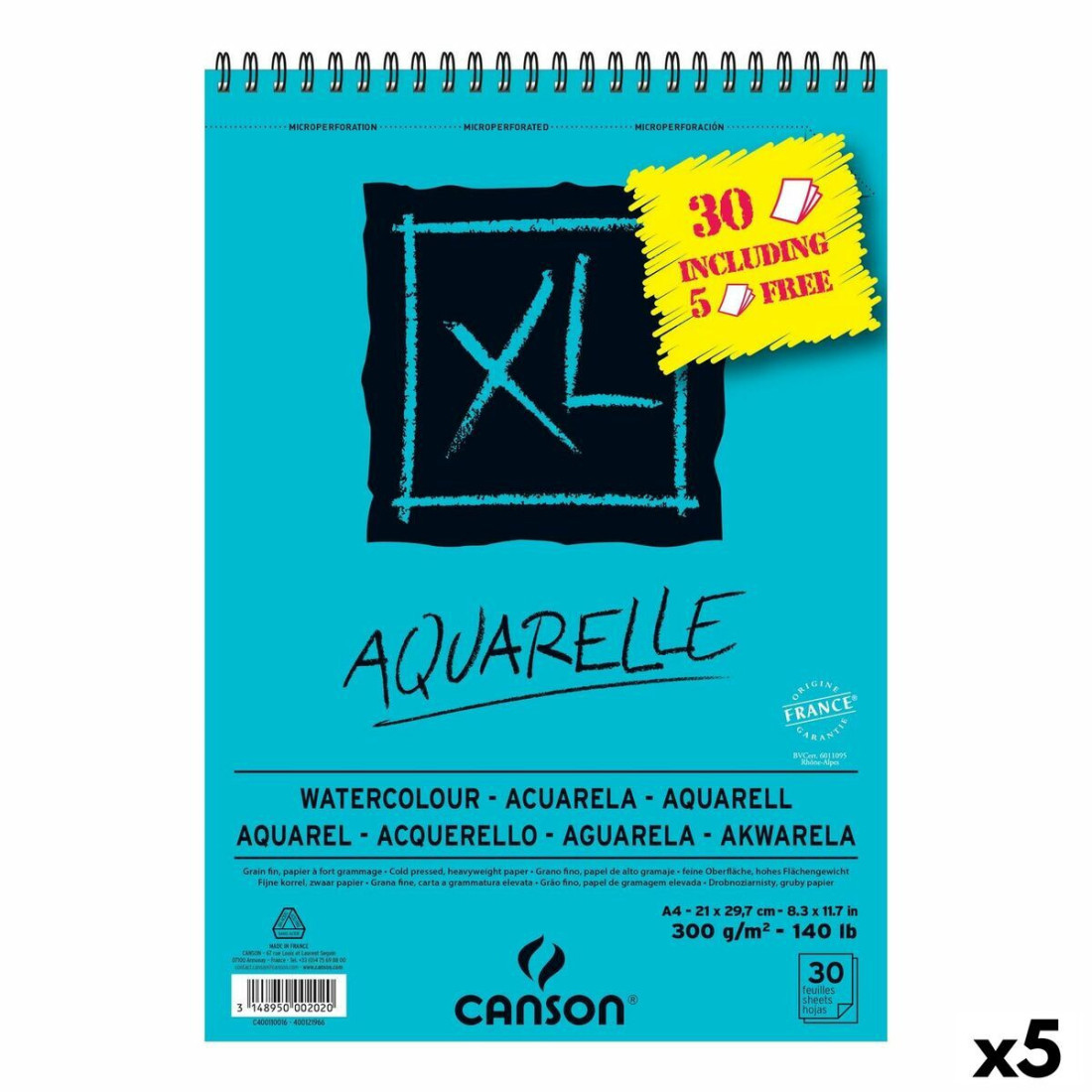 Piešimo bloknotas Canson AQUARELLE XL 21 x 29,7 cm 5 vnt. 30 Paklodės 300 g/m² 210 x 297 mm