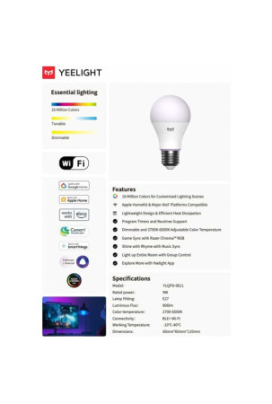 Išmani Lemputė Yeelight YLQPD-0011 Balta Spalvotas F 9 W E27 806 lm (2700 K) (6500 K)