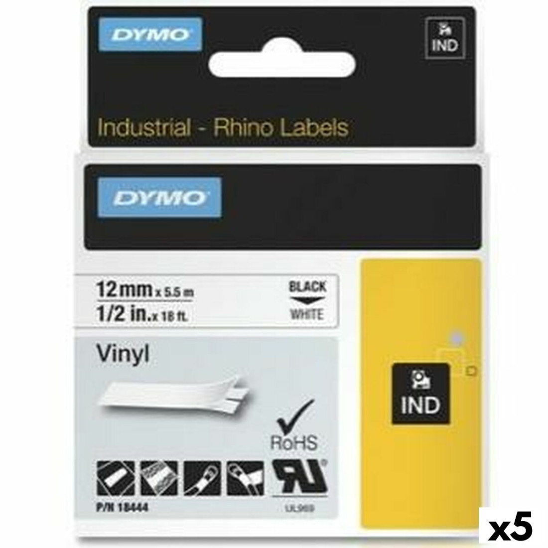 Laminuota juosta etikečių klijavimo aparatams Rhino Dymo ID1-12 12 x 5,5 mm Juoda Balta Klijai Lipnios (5 vnt.)