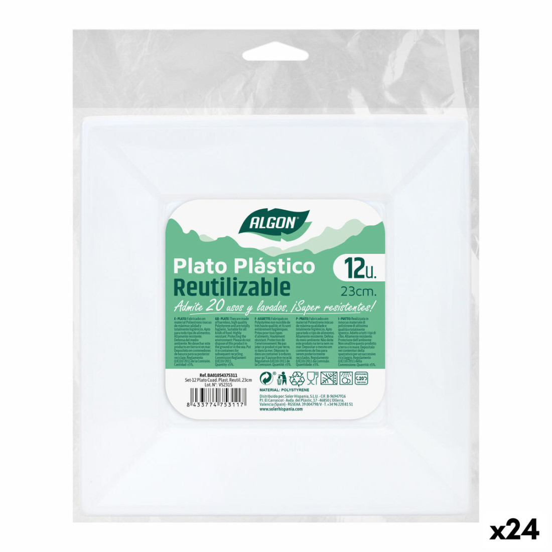 Daugkartinio naudojimo plokščių rinkinys Algon Kvadratai Balta Plastmasinis 23 x 23 x 2 cm (24 vnt.)