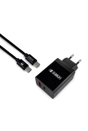 Sieninis įkroviklis + USB A - USB C kabelis Subblim CARGADOR ULTRA RAPIDO 2xUSB DE PARED PD18W+2.4A + Cable C to C Negro