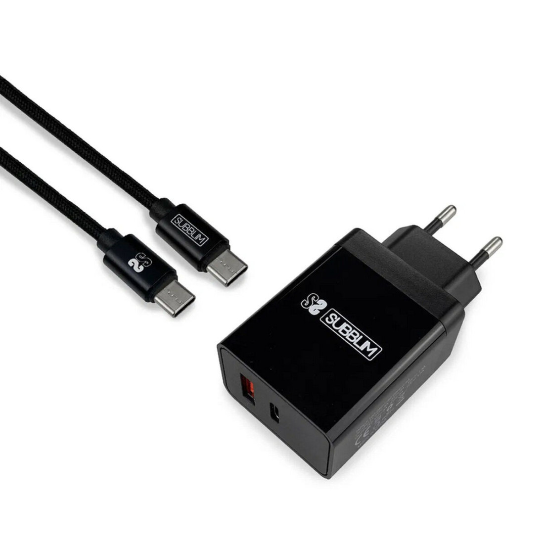 Sieninis įkroviklis + USB A - USB C kabelis Subblim CARGADOR ULTRA RAPIDO 2xUSB DE PARED PD18W+2.4A + Cable C to C Negro