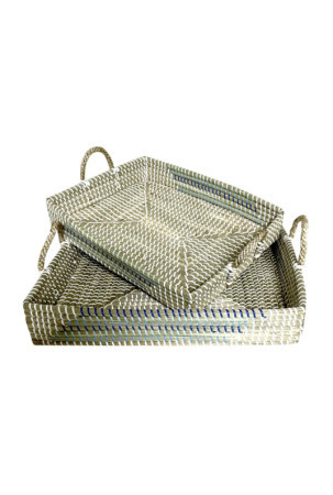 Padėklų rinkinys DKD Home Decor Balta Turkis Natūralus Tropinis 48 x 38 x 15 cm Metalinis (2 vnt.)