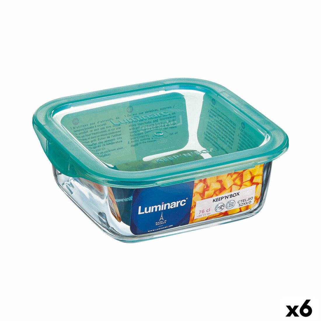 Kvadratinė pietų dėžutė su dangteliu Luminarc Keep'n Lagon 10 x 5,4 cm Turkis 380 ml Dvispalviais stiklas (6 vnt.)